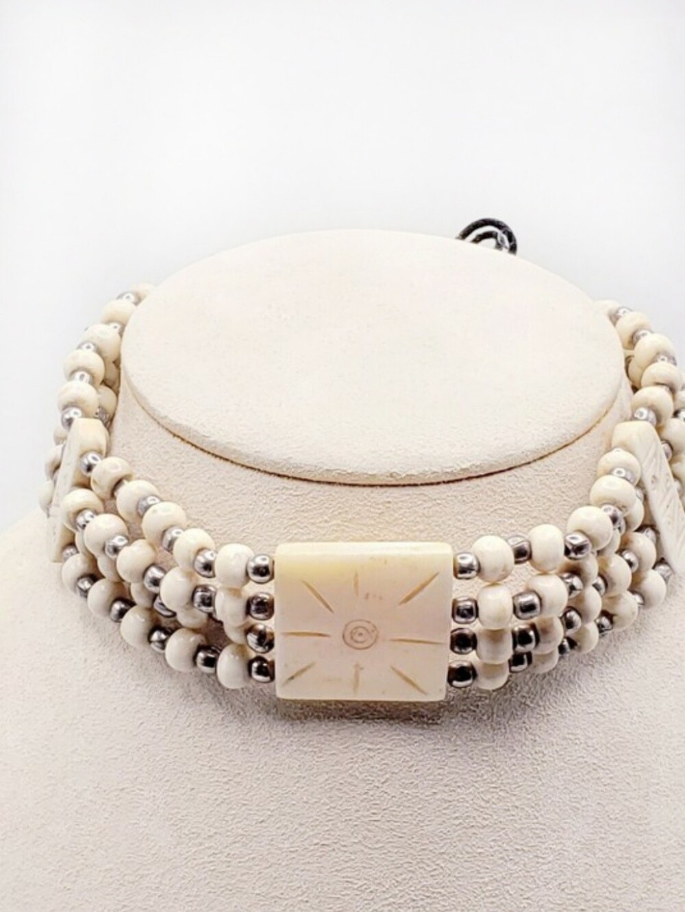 Elegant Carved Engraved Bone Beaded Multi-Row Choker Necklace